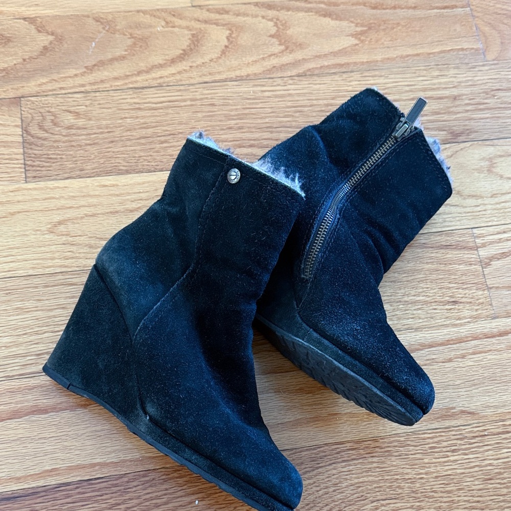 Calvin Klein Black Suede Wedge Ankle Boots with Shearling Trim